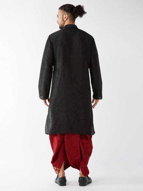 Vastramay Men's Black And Maroon Silk Blend Kurta And Dhoti Set